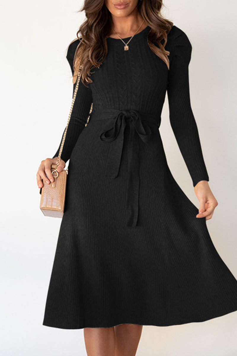 acelimosf™-Elegant Solid With Belt O Neck Sweater Dresses