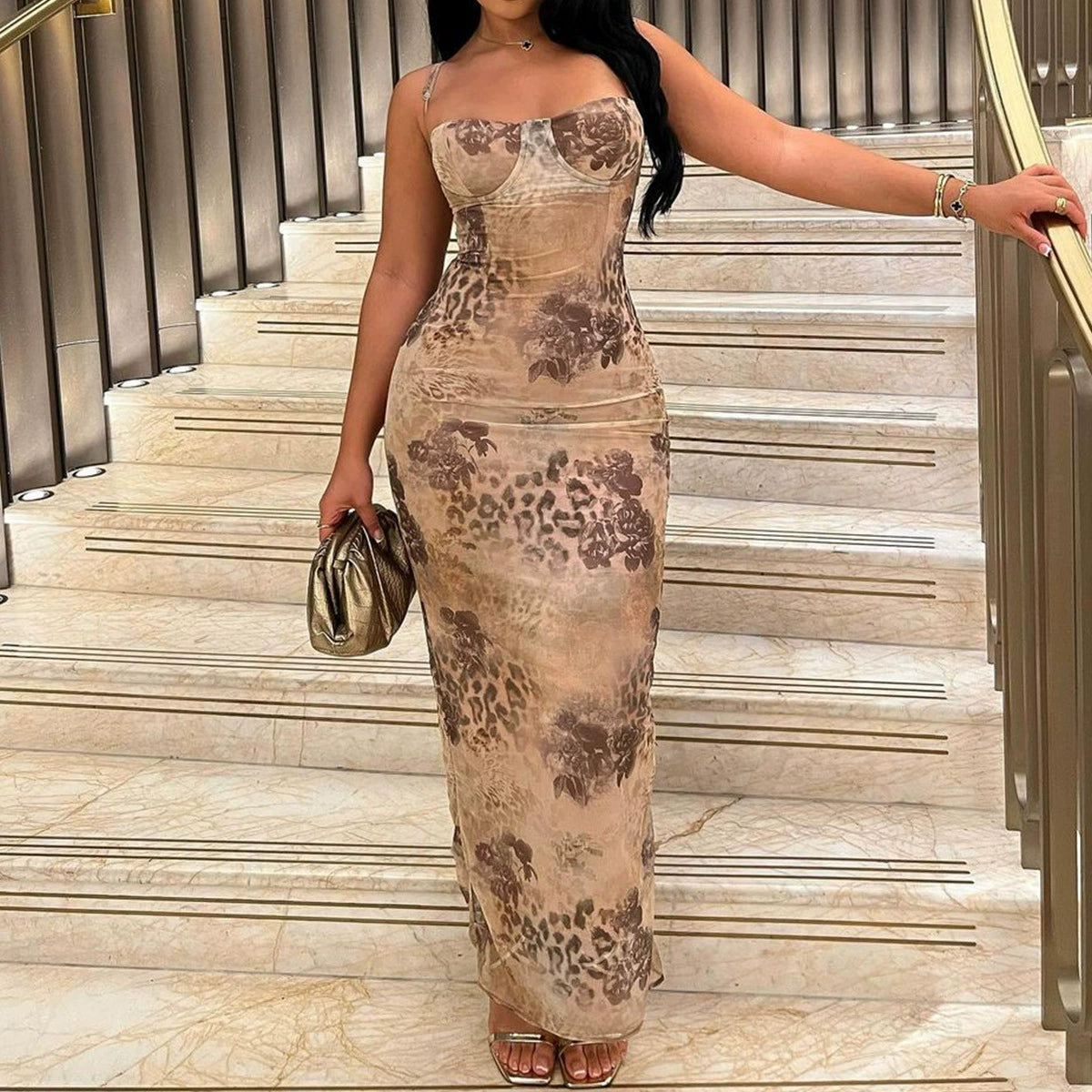 acelimosf™-Slim Fit Backless Temperament Slit Long Dress Floral Dress Evening Dress