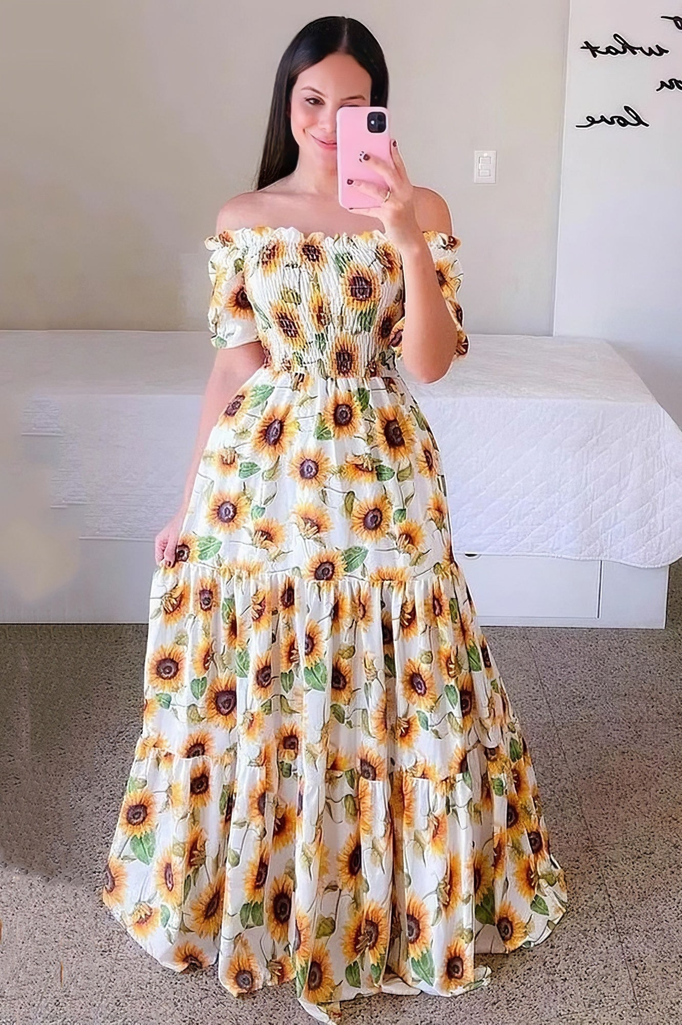 acelimosf™-One-shoulder floral off-shoulder long printed dress