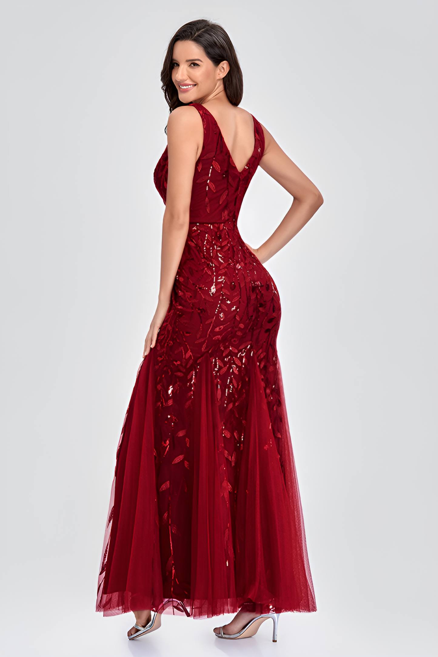 acelimosf™-Evening dress v-neck tulle embroidered sequin sexy mermaid ball gown