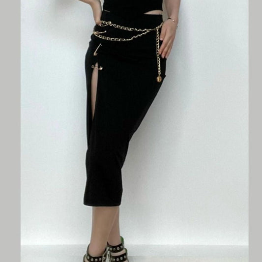 acelimosf™-Solid high slit ruched pins midi skirt y2k 90s Revival Techno Fashion