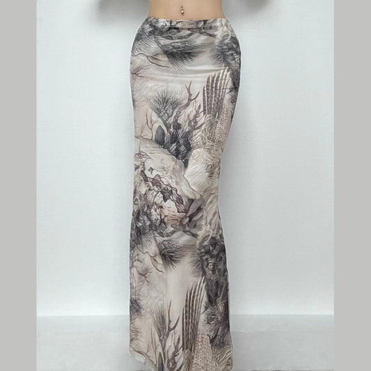 acelimosf™-Tree print contrast low rise maxi skirt grunge 90s Streetwear Disheveled Chic Fashion grunge 90s Streetwear Distressed Fashion