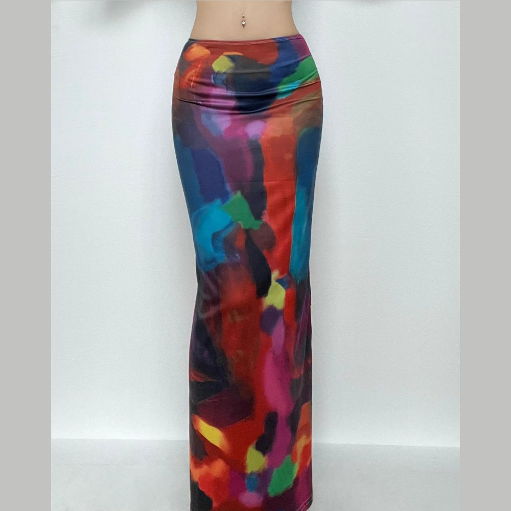 acelimosf™-Abstract print low rise contrast maxi skirt y2k 90s Revival Techno Fashion