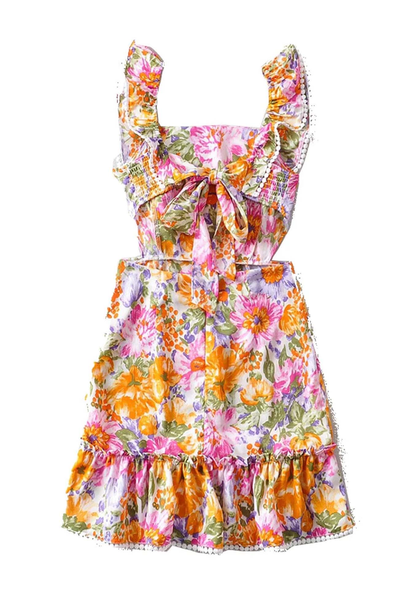 acelimosf™-Floral Ruffle Back Tie Mini Dress