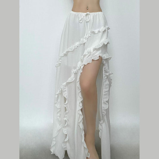 acelimosf™-Drawstring ruffle slit irregular solid maxi skirt y2k 90s Revival Techno Fashion