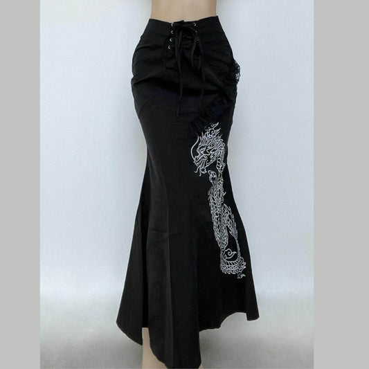 acelimosf™-Dragon pattern lace up contrast lace hem maxi skirt grunge 90s Streetwear Disheveled Chic Fashion grunge 90s Streetwear Distressed Fashion