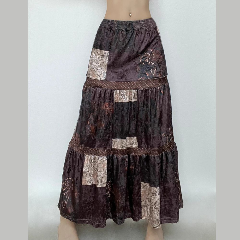 acelimosf™-Patchwork contrast ruched medium rise maxi skirt grunge 90s Streetwear Disheveled Chic Fashion grunge 90s Streetwear Distressed Fashion