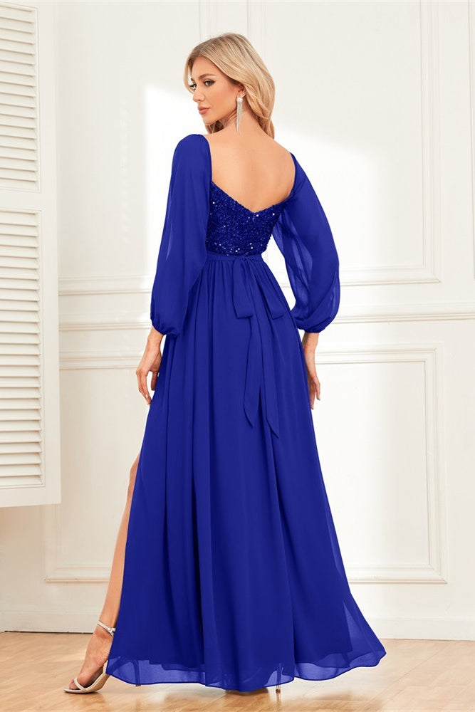 acelimosf™-One-shoulder high slit sequined chiffon long-sleeved dress