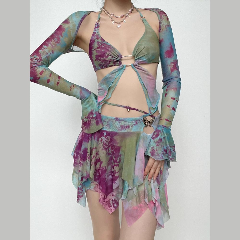 acelimosf™-Flared sleeve tie dye o ring self tie halter low cut mini skirt set