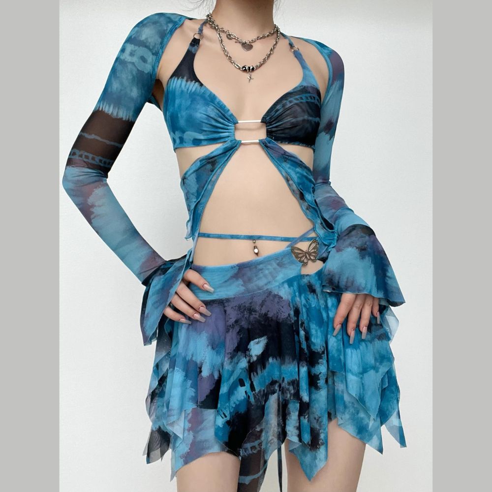 acelimosf™-Flared sleeve tie dye o ring self tie halter low cut mini skirt set