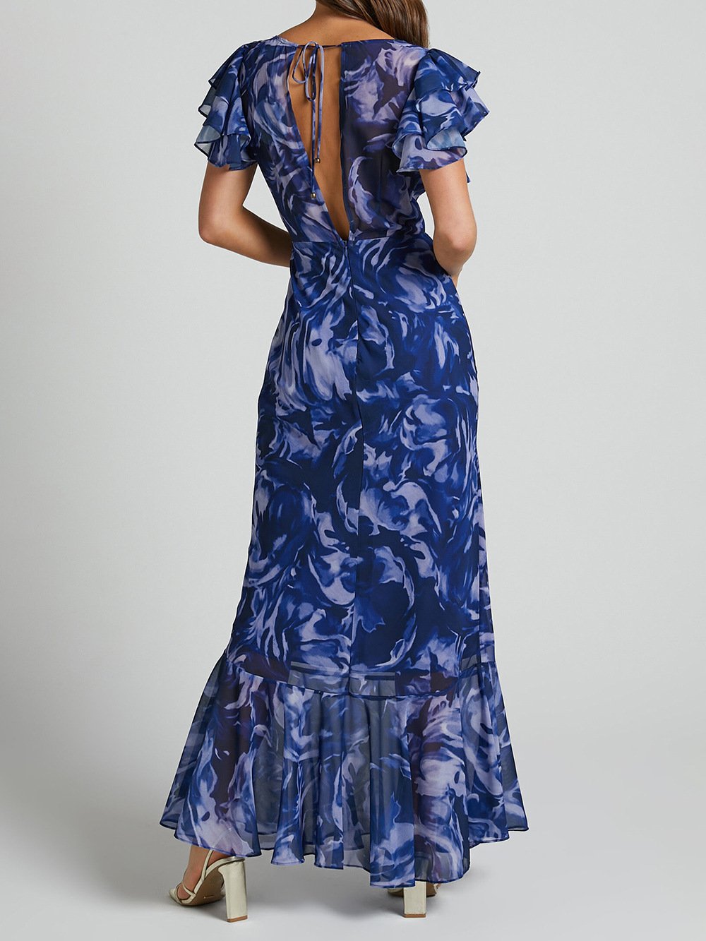 acelimosf™-Navy Swirl V-Neck Flutter Sleeve Maxi Dress