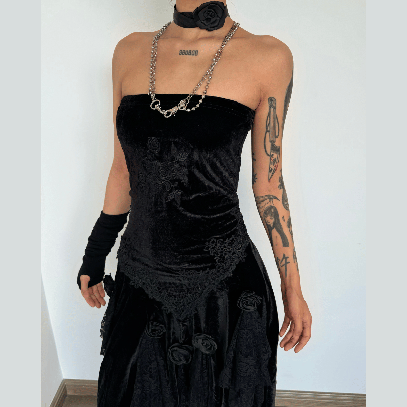 acelimosf™-Velvet embroidery flower applique lace hem ruched maxi skirt