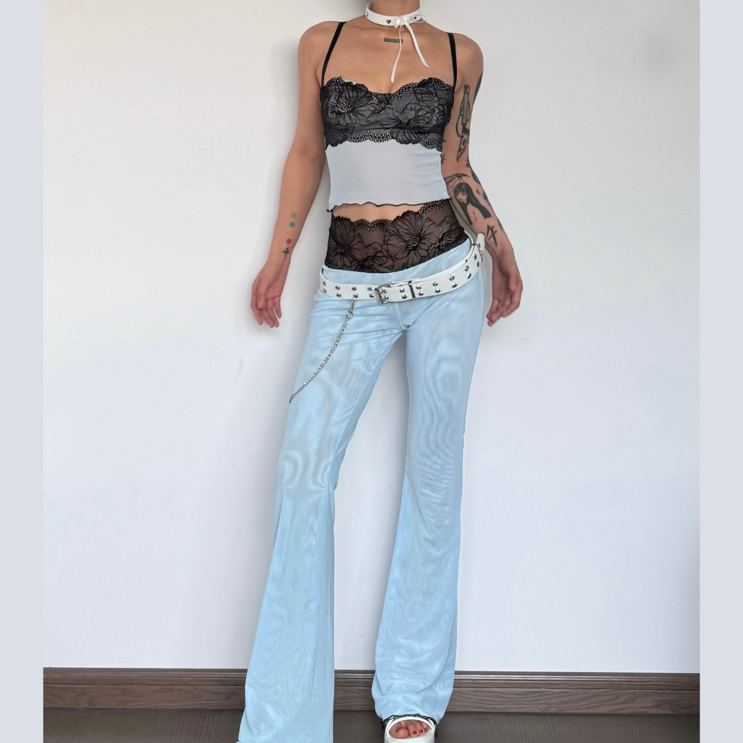 acelimosf™-Lace mesh ruffle sweetheart neck cami pant set