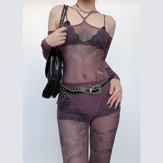 acelimosf™-Abstract contrast sheer mesh see through off shoulder bodysuit pant set