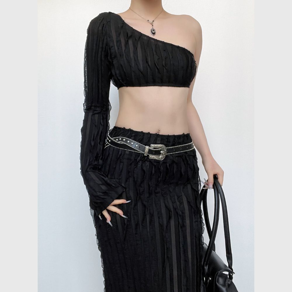 acelimosf™-One shoulder long sleeve irregular ruffle textured maxi skirt set