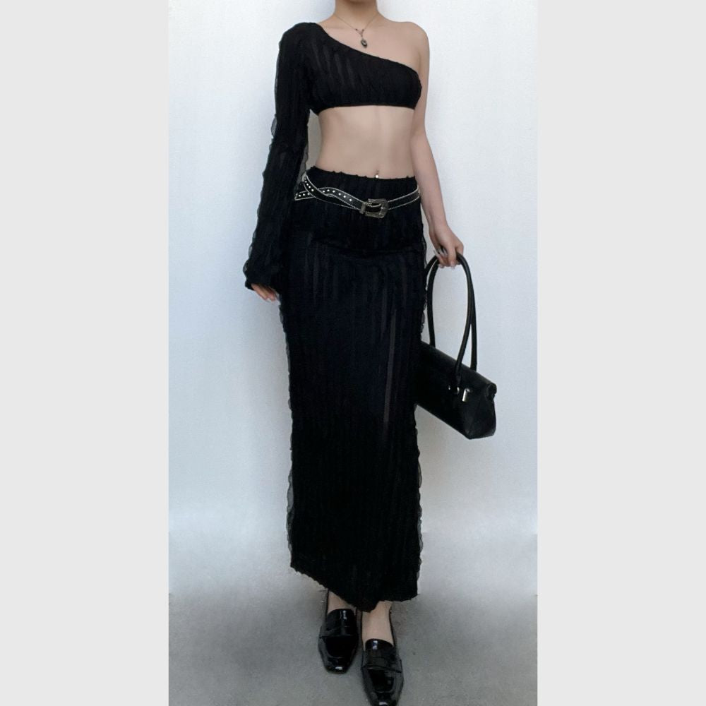 acelimosf™-One shoulder long sleeve irregular ruffle textured maxi skirt set