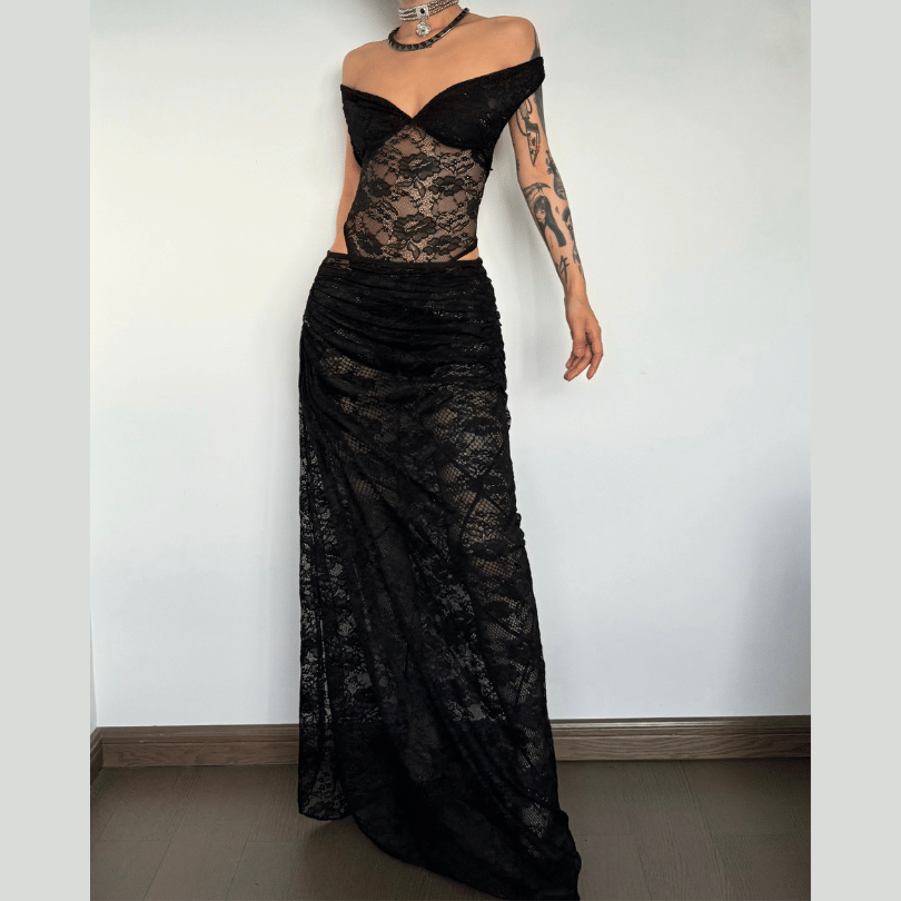 acelimosf™-Off shoulder lace ruched maxi skirt set