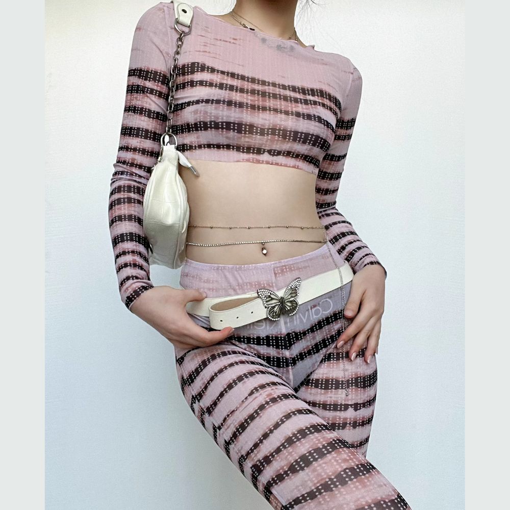 acelimosf™-Sheer mesh striped see through long sleeve contrast pant set