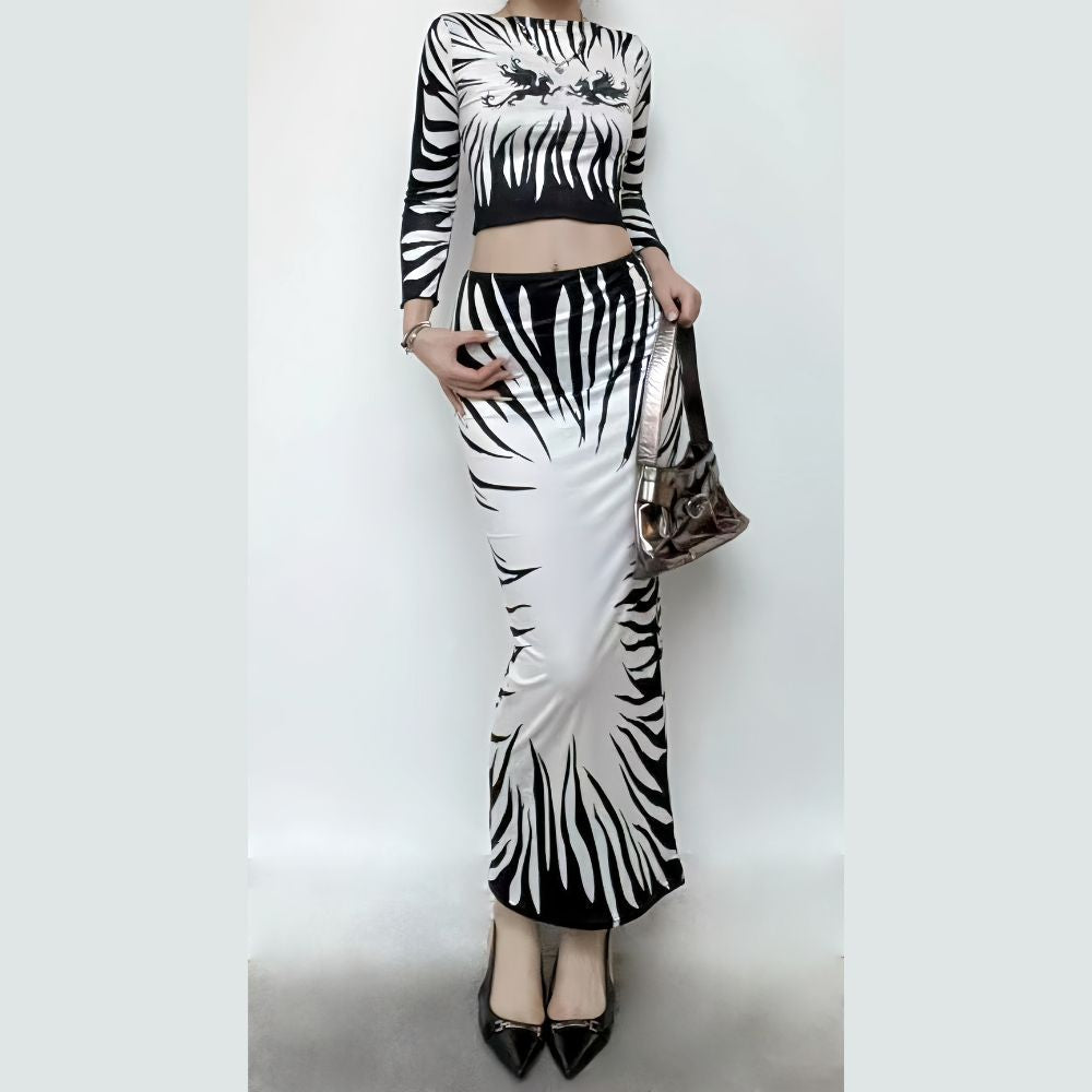 acelimosf™-Abstract long sleeve contrast backless self tie maxi skirt set cyberpunk Sci-Fi Fashion