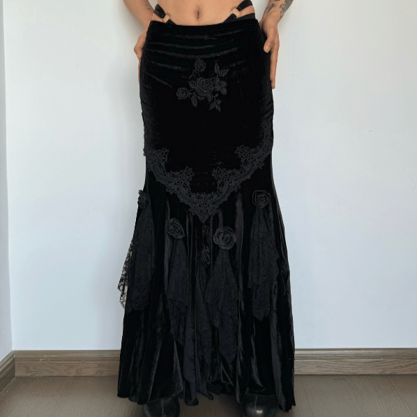 acelimosf™-Velvet embroidery flower applique lace hem ruched maxi skirt