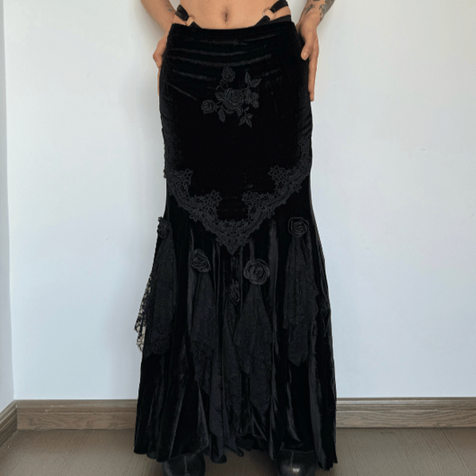 acelimosf™-Velvet embroidery flower applique lace hem ruched maxi skirt