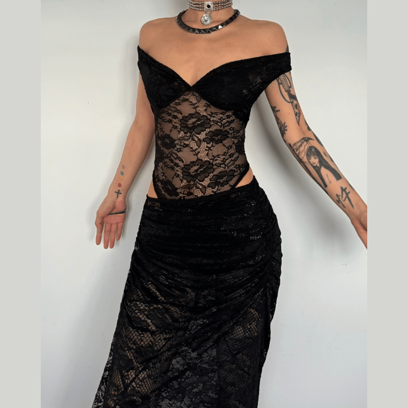 acelimosf™-Off shoulder lace ruched maxi skirt set