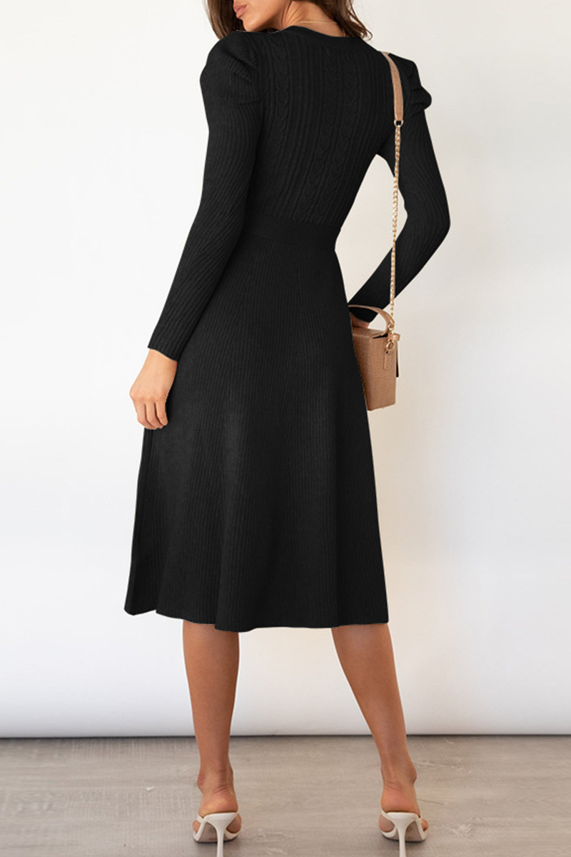 acelimosf™-Elegant Solid With Belt O Neck Sweater Dresses