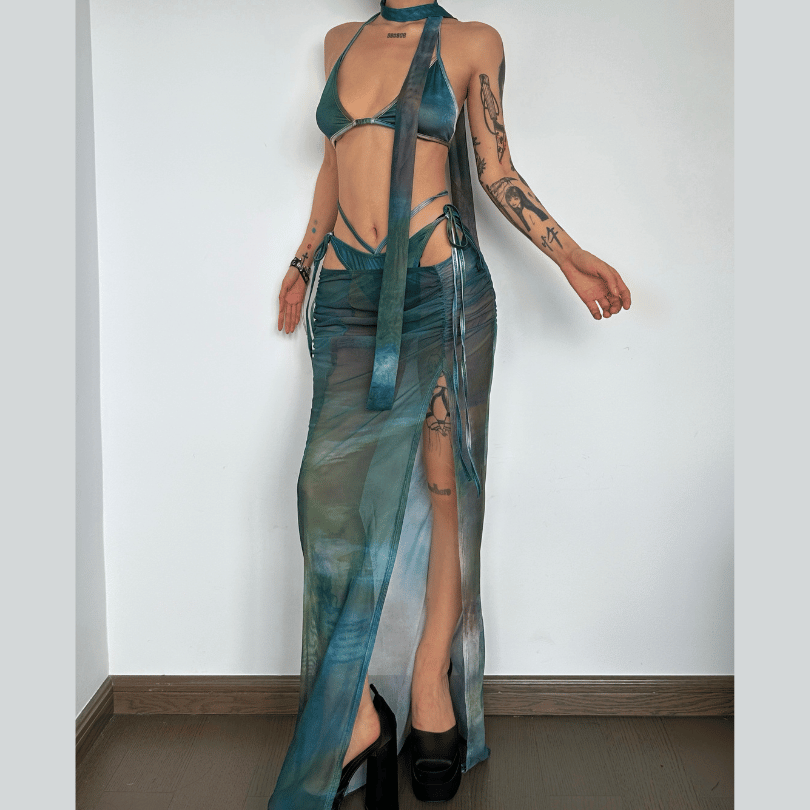 acelimosf™-Mesh tie dye halter self tie backless ruched slit maxi skirt set