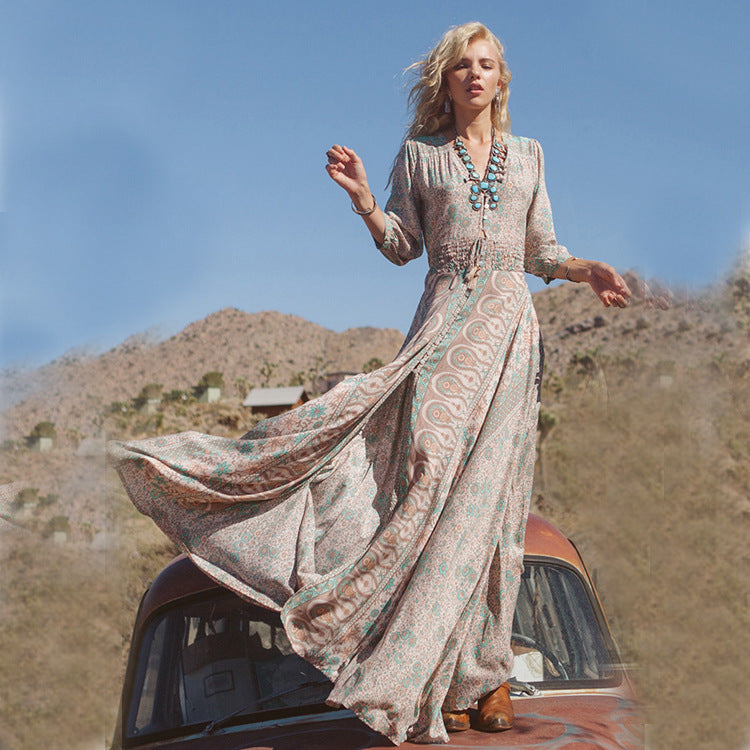 acelimosf™-Women's Bohemian Maxi Dress Chiffon Swing Slit Mid Sleeve Beach Holiday Dress