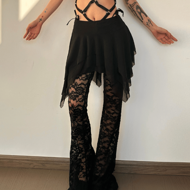 acelimosf™-Ruched lace ruffle solid high rise pant