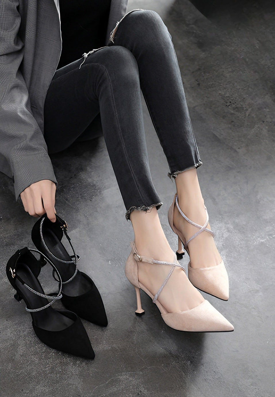 acelimosf™-Black temperament hollow stiletto pointed toe high heels