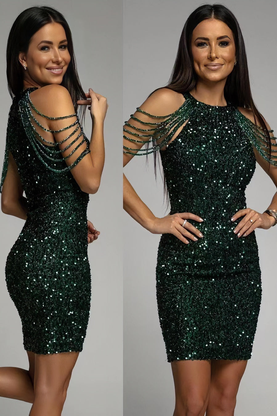 acelimosf™-Off-the-shoulder tassel hip-hugging crystal patchwork sequin dress