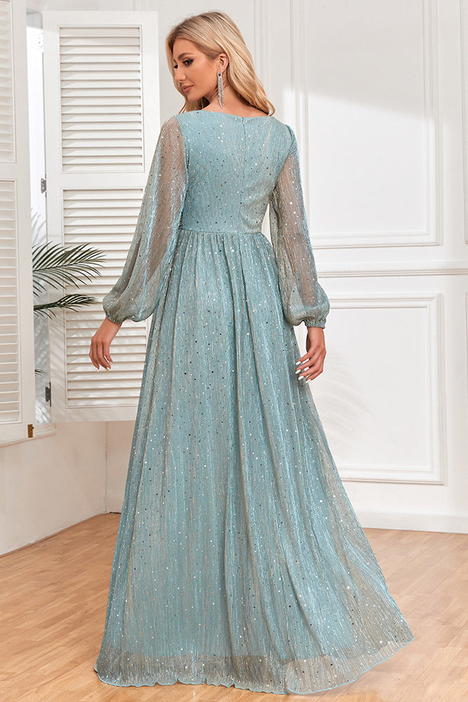 acelimosf™-Shiny pleated elastic see-through long sleeves V-neck elegant evening dress