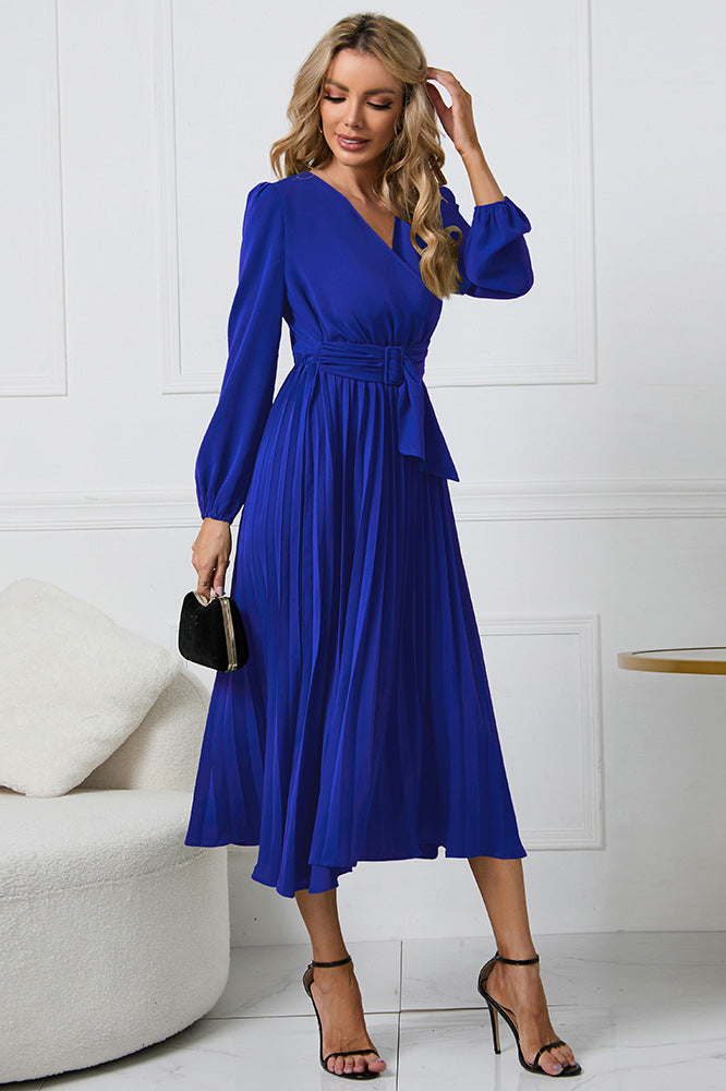 acelimosf™-Slim fit pleated belted V-neck dress