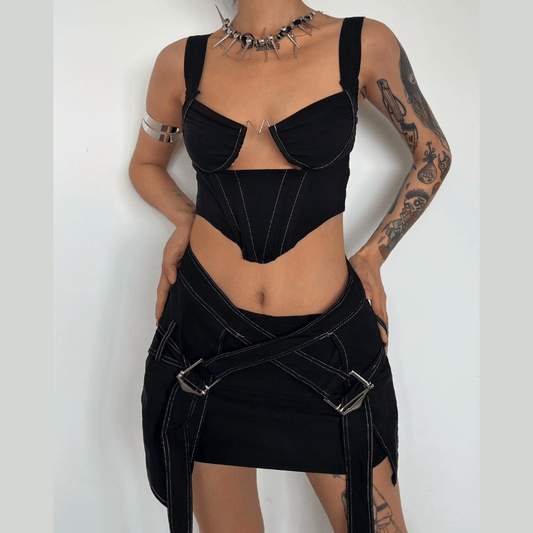 acelimosf™-Hollow out stitch cross front zip-up cami mini skirt set