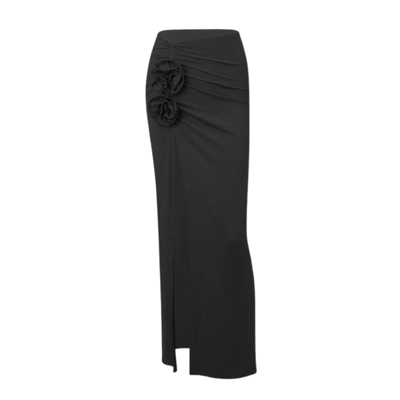 acelimosf™-Ruched high slit flower applique irregular solid maxi skirt