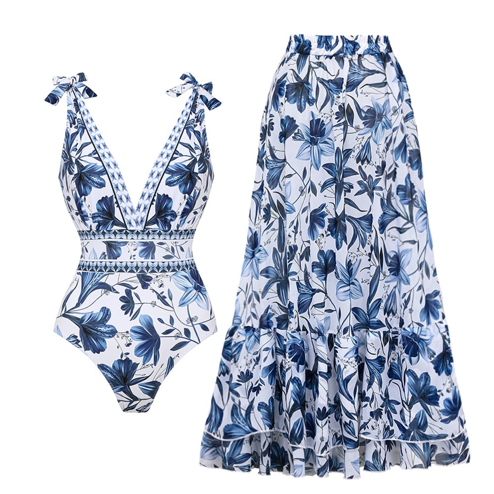V Neck Ruffle Lace Up Printed One Piece Swimsuit And Skirt