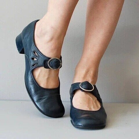 Mary Jane Leather Comfortable Low-Heeled Buckle Strap Shoes