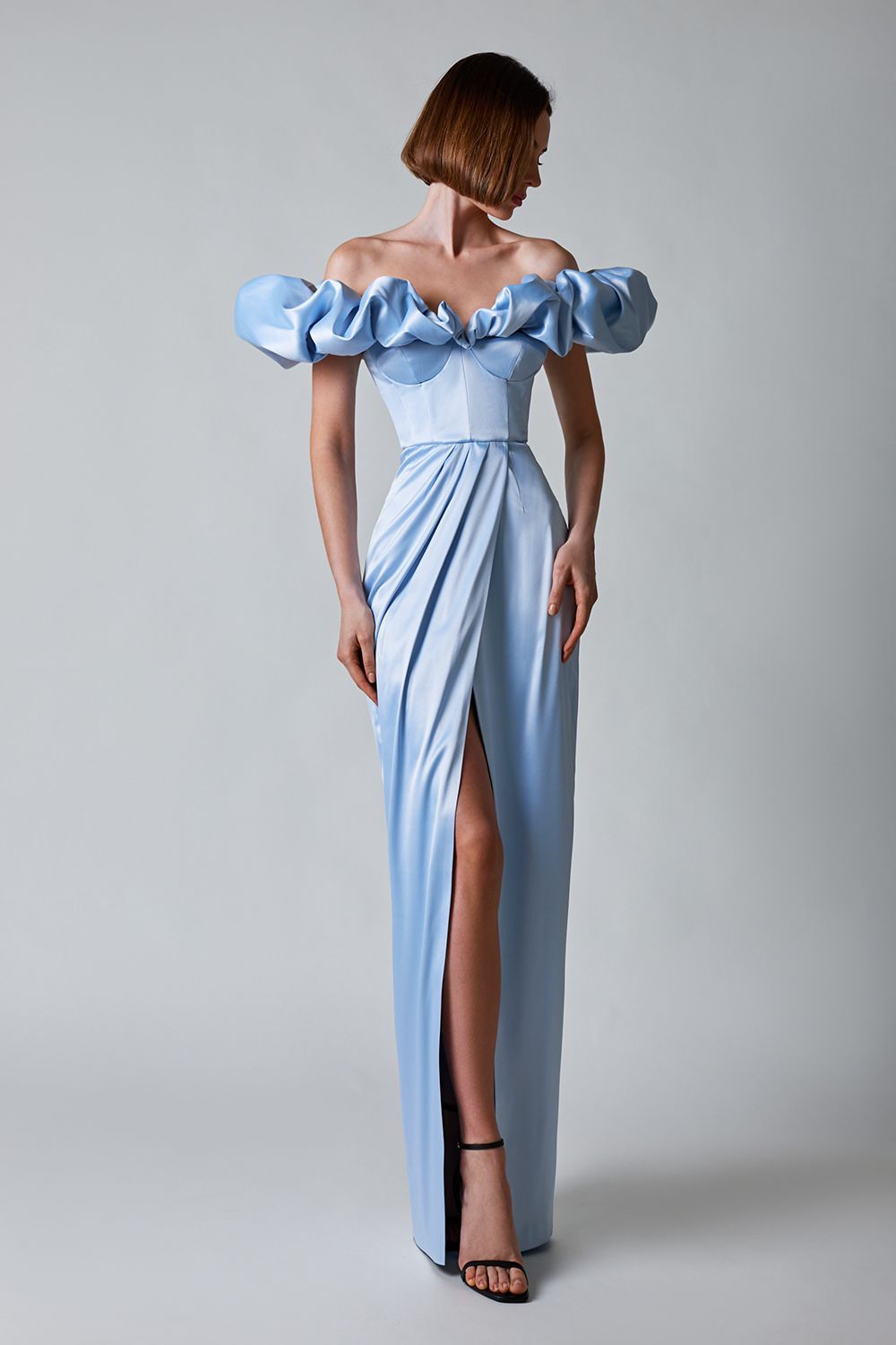 acelimosf™-One-shoulder strapless ruffled dress with high slit