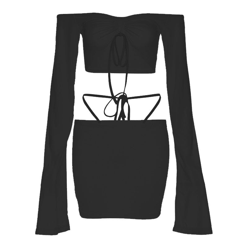 acelimosf™-Solid irregular drawstring self tie backless flared sleeve skirt set