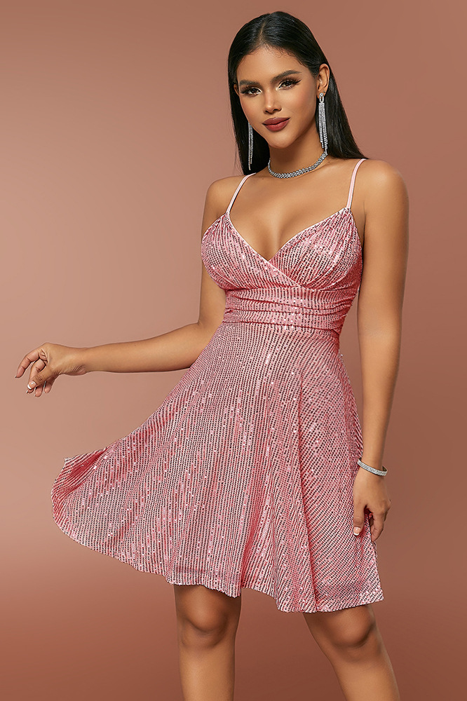 acelimosf™-Sequin pleated cross-strap resort dress