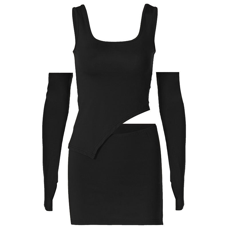 acelimosf™-Sleeveless u neck solid irregular gloves crop top skirt set