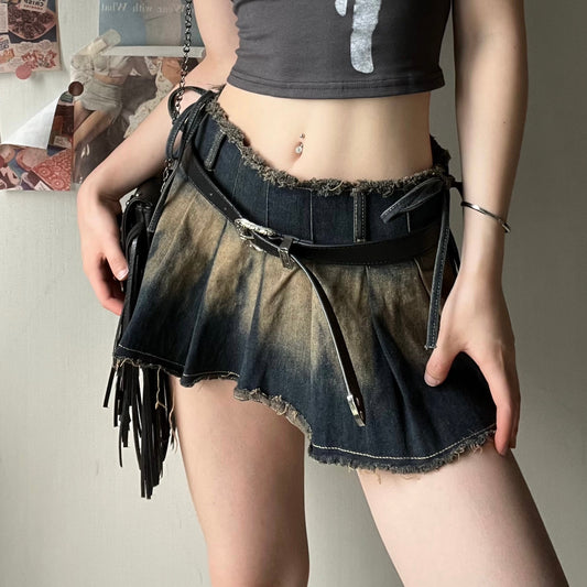 acelimosf™-Raw hem pleated contrast self tie denim mini skirt grunge 90s Streetwear Disheveled Chic Fashion grunge 90s Streetwear Distressed Fashion