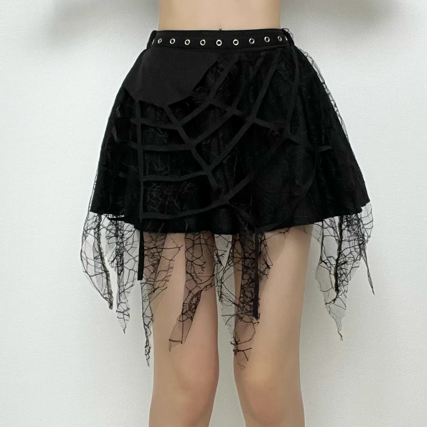 acelimosf™-Solid irregular mesh spider web pattern mini skirt y2k 90s Revival Techno Fashion