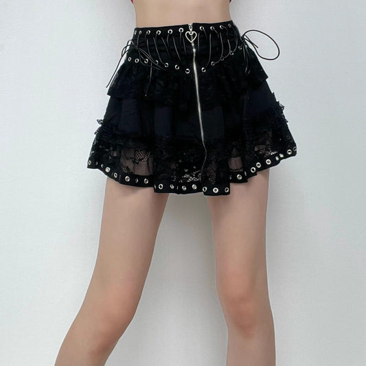 acelimosf™-Zip-up lace up patchwork lace ruffle mini skirt goth Alternative Darkwave Fashion goth Emo Darkwave Fashion