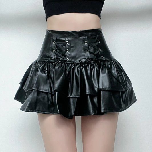 acelimosf™-Lace up PU leather ruffle zip-up A line mini skirt