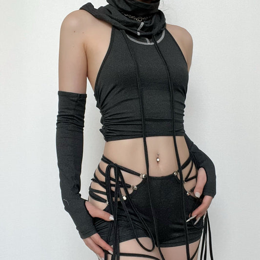 acelimosf™-Lace up hollow out self tie drawstring high rise pant set cyberpunk Sci-Fi punk Fashion cyberpunk Sci-Fi Fashion y2k 90s Revival Techno Fashion