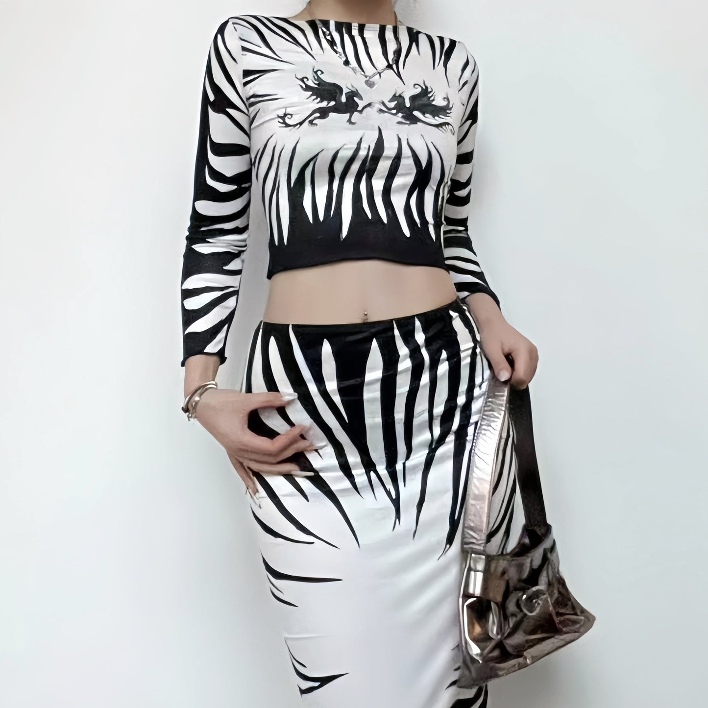 acelimosf™-Abstract long sleeve contrast backless self tie maxi skirt set cyberpunk Sci-Fi Fashion