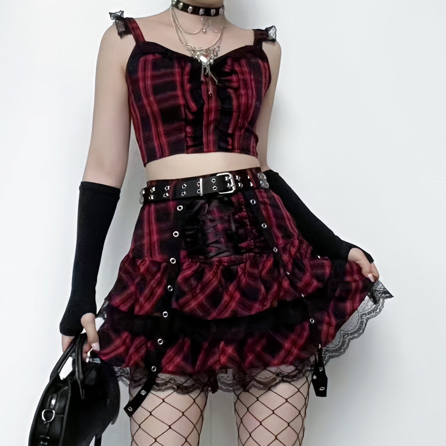 acelimosf™-Lace hem ruffle lace up plaid smocked backless mini skirt set