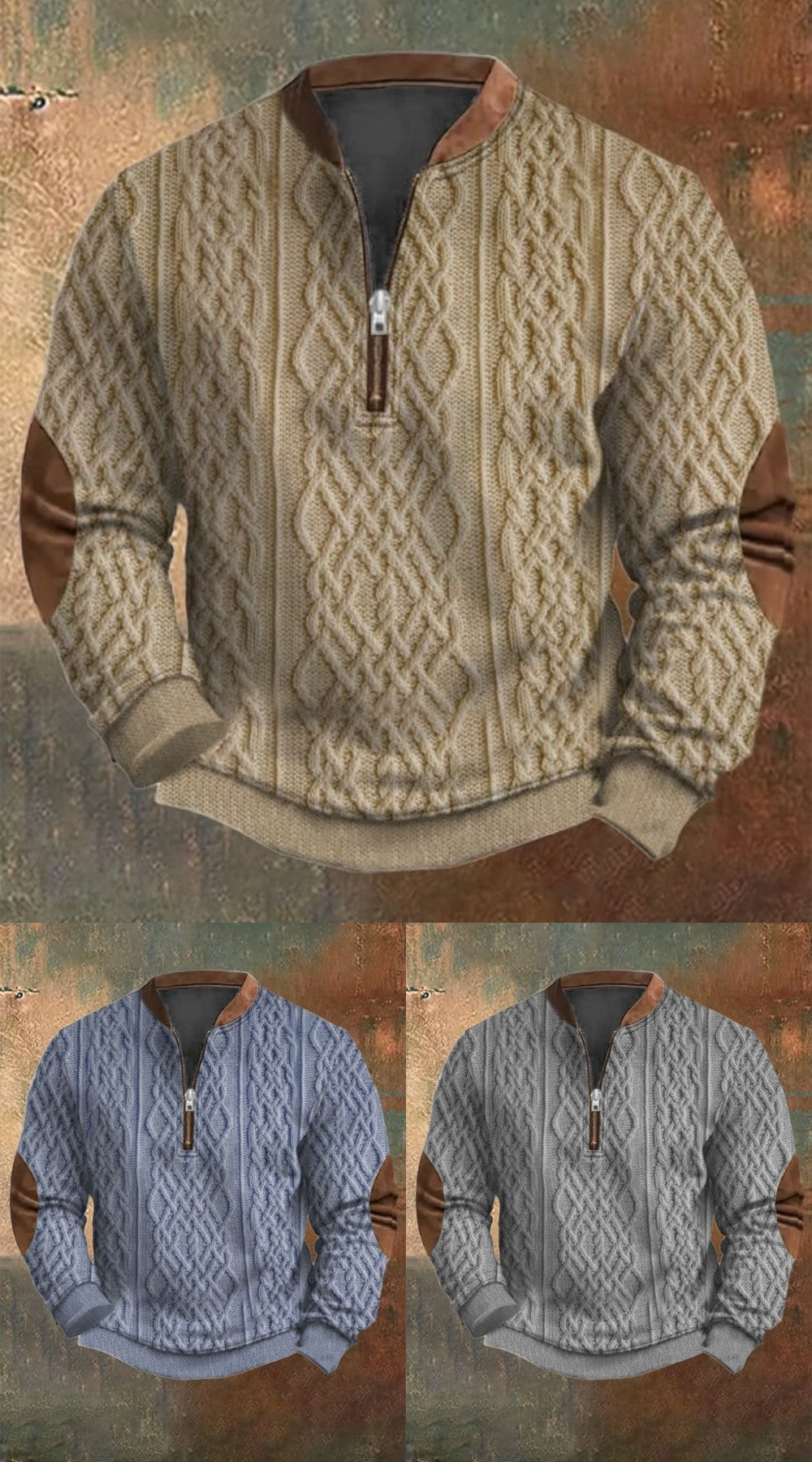 Men's Vintage Knit Print Zip-Up Sweatshirt